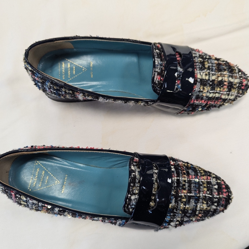 Valentina Black Loafers with Patent Strap and Tweed Texture